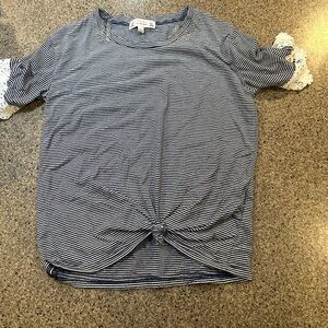 Navy Striped Lace Sleeve Girls Top